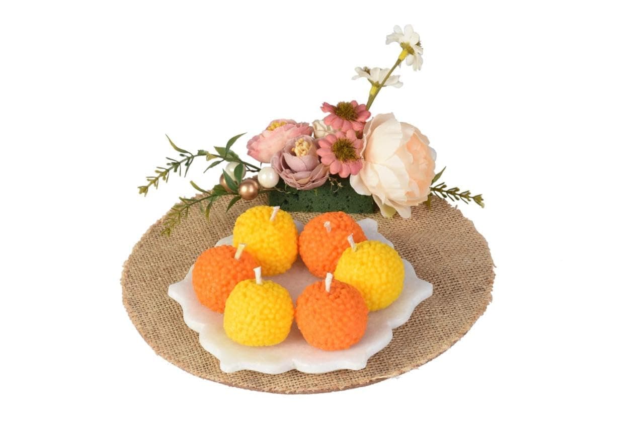 LUMIA Scented Ladoo Candles with Marble Holder Set of 6