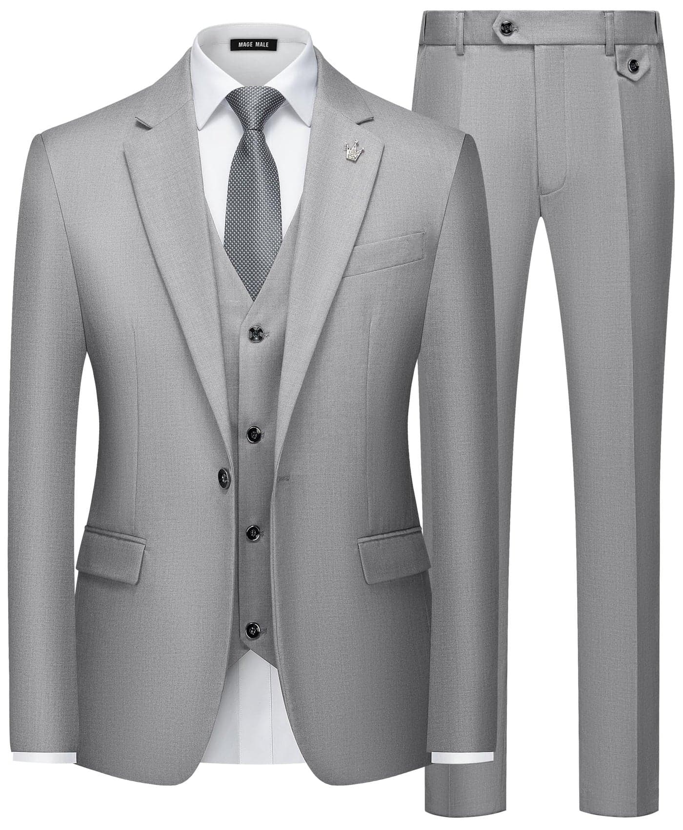 MAGE MALE Mens Suits Slim Fit 3 Piece Tuxedo Suit One Button Solid Prom Wedding Party Blazer Vest Pants Set with Tie Light Grey