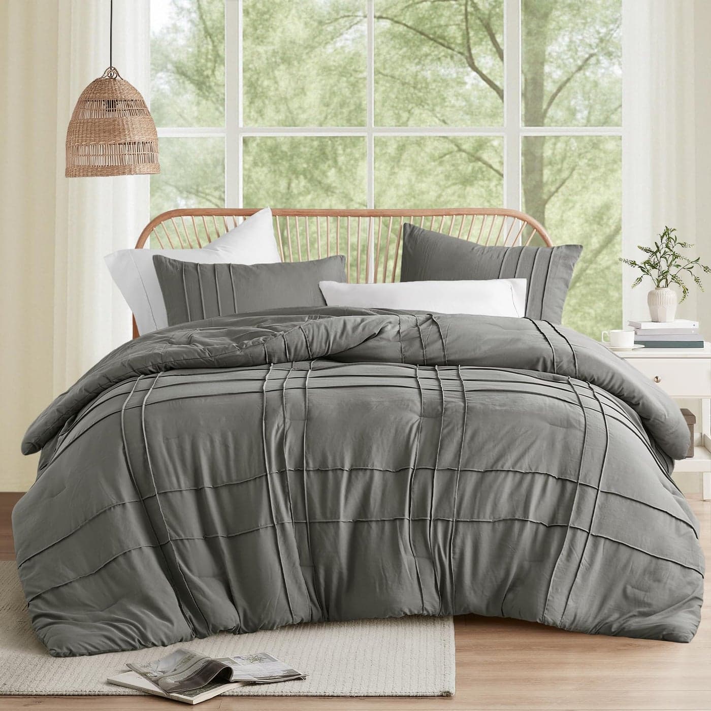 Comfort Spaces Grey Queen Size Comforter Set 3 Piece Pintuck Pleated Bedding Set All Season Lightweight Extra Softness PreWashed Microfiber Bed Set Shams