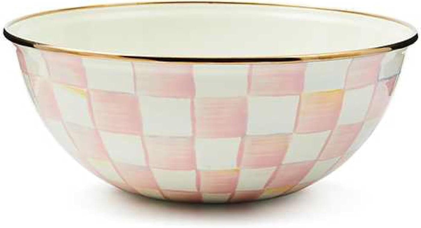 MACKENZIECHILDS Enamel Everyday Bowl Serving Bowl for Entertaining Medium PinkandWhite Rosy Check Set of 1