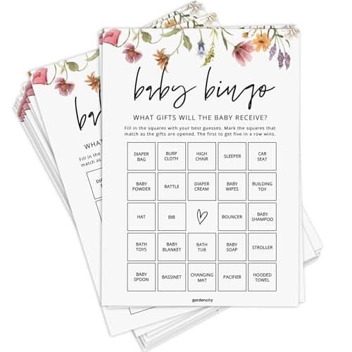 Baby Bingo Fun Baby Shower Games for Girl 50 Unique Cards PreFilled Perforated Calling Cards Gender Neutral Wildflower