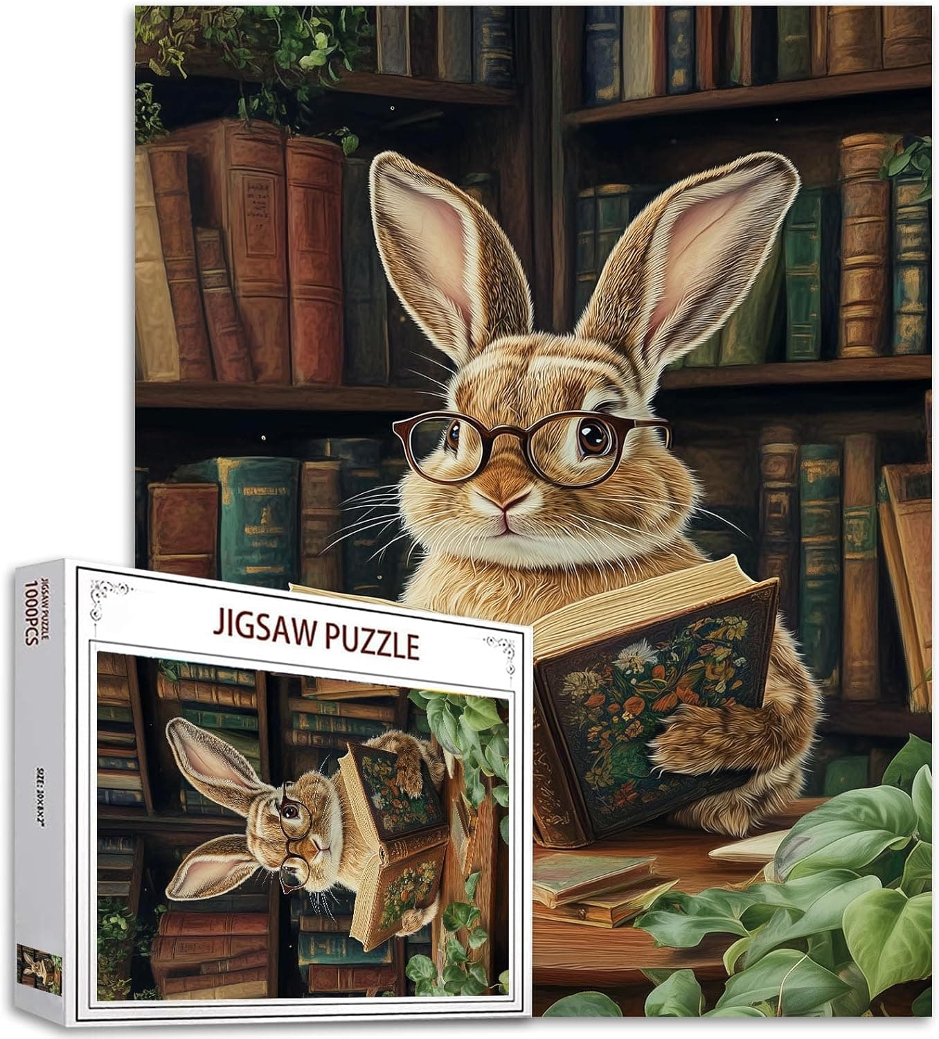The Rabbit Wearing Glasses Puzzles for Adults 1000 PiecesRetro Library Jigsaw Puzzle for Adult Collection Cute Bunny Reading Books Jigsaw Puzzles as Gift for Animal Lovers