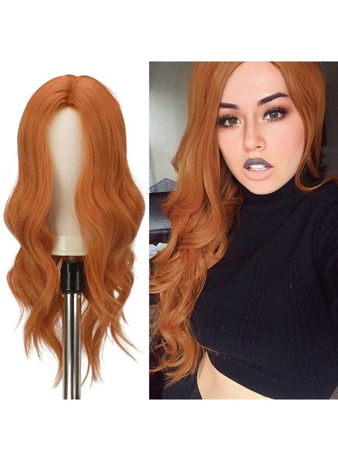 Orange Wigs for Women 22 inch Orange Long Wavy Full Wig Middle Parting Wigs Natural Looking Synthetic Wig for Daily Party