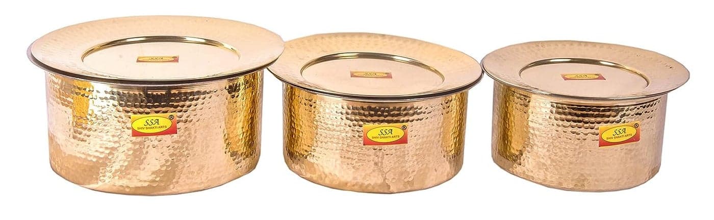 Shiv Shakti Arts Brass Patila Set for Cooking 45 L 55 L 7L with Lid 100 Pure Brass Round Heavy Bottom Hammered Polished TapeliPatilaBhagona Golden Brass Handi