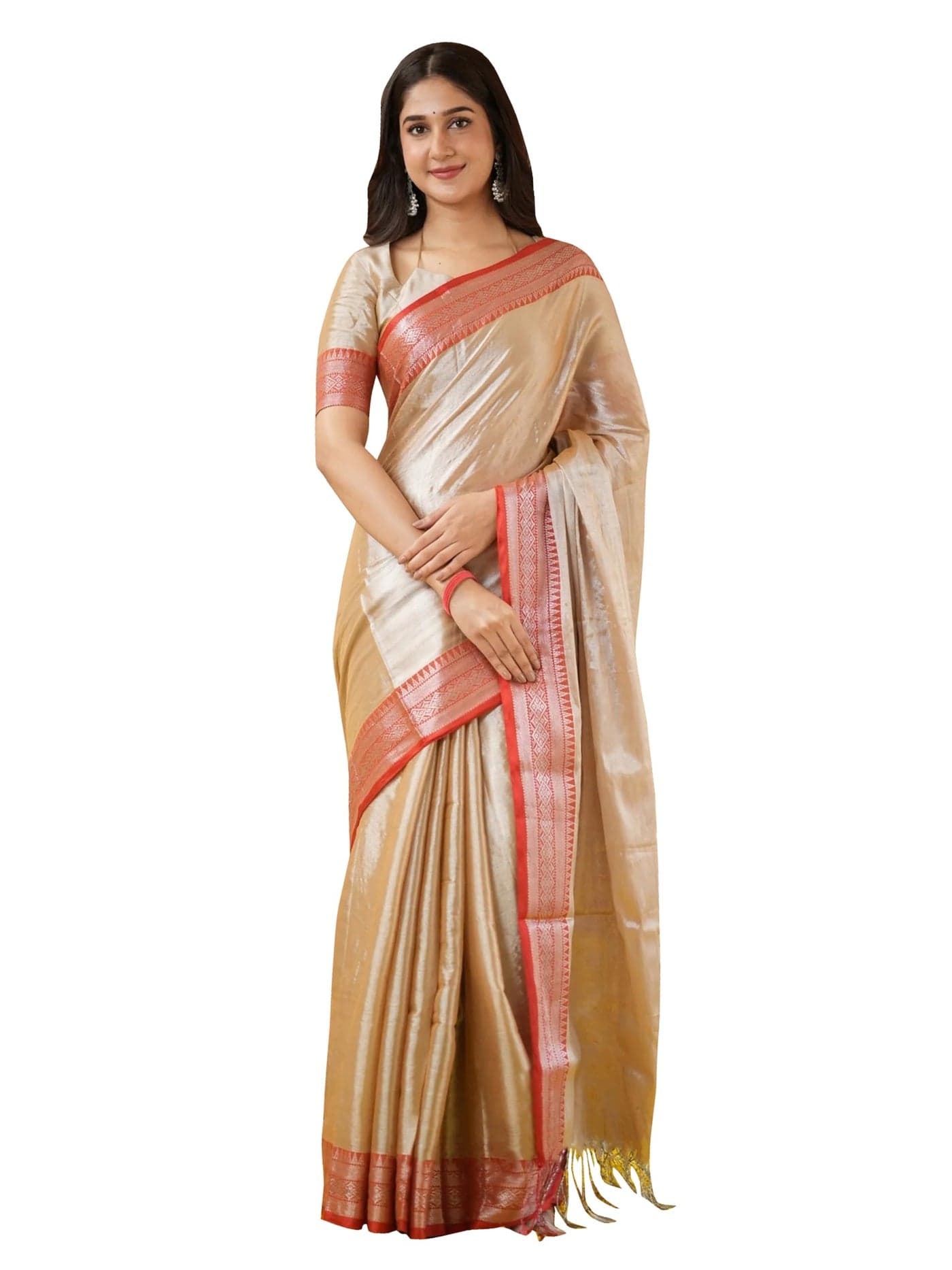 TRENDMALLS Women's Tissue Cotton Handloom Saree with Unstitched Blouse Piece (1251-BeigeRed)