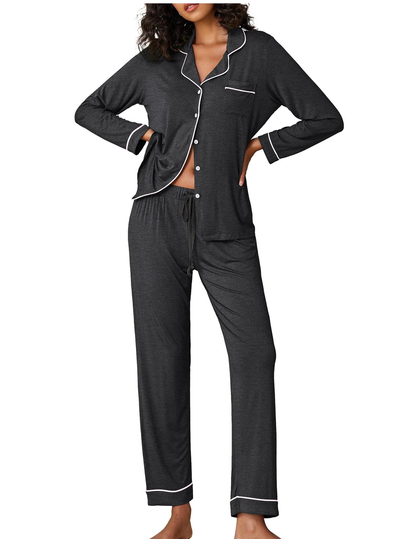 Ekouaer Pajamas Women's Long Sleeve Sleepwear Soft Button Down Loungewear Pjs Lounge Set Nightwear,Deep Flower Gray,Medium