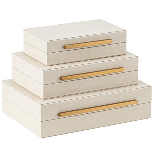 XIGEXIGE Faux Leather Large Modern Stackable Nesting Jewelry Box with Lids Organizer Set of 3 Beige Shagreen Decorative Storage Boxes with Gold Metal Handles