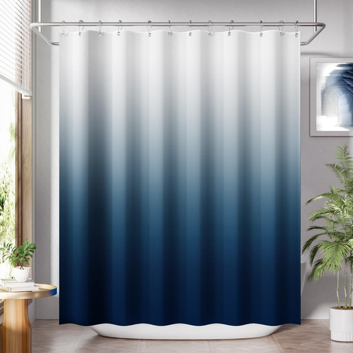 AmazerBath Shower Curtain Cloth Ombre Blue Curtain Set with 12 Hooks Washable Fabric Navy and White Curtain Rustic Farmhouse Bathroom 72x72 Inches