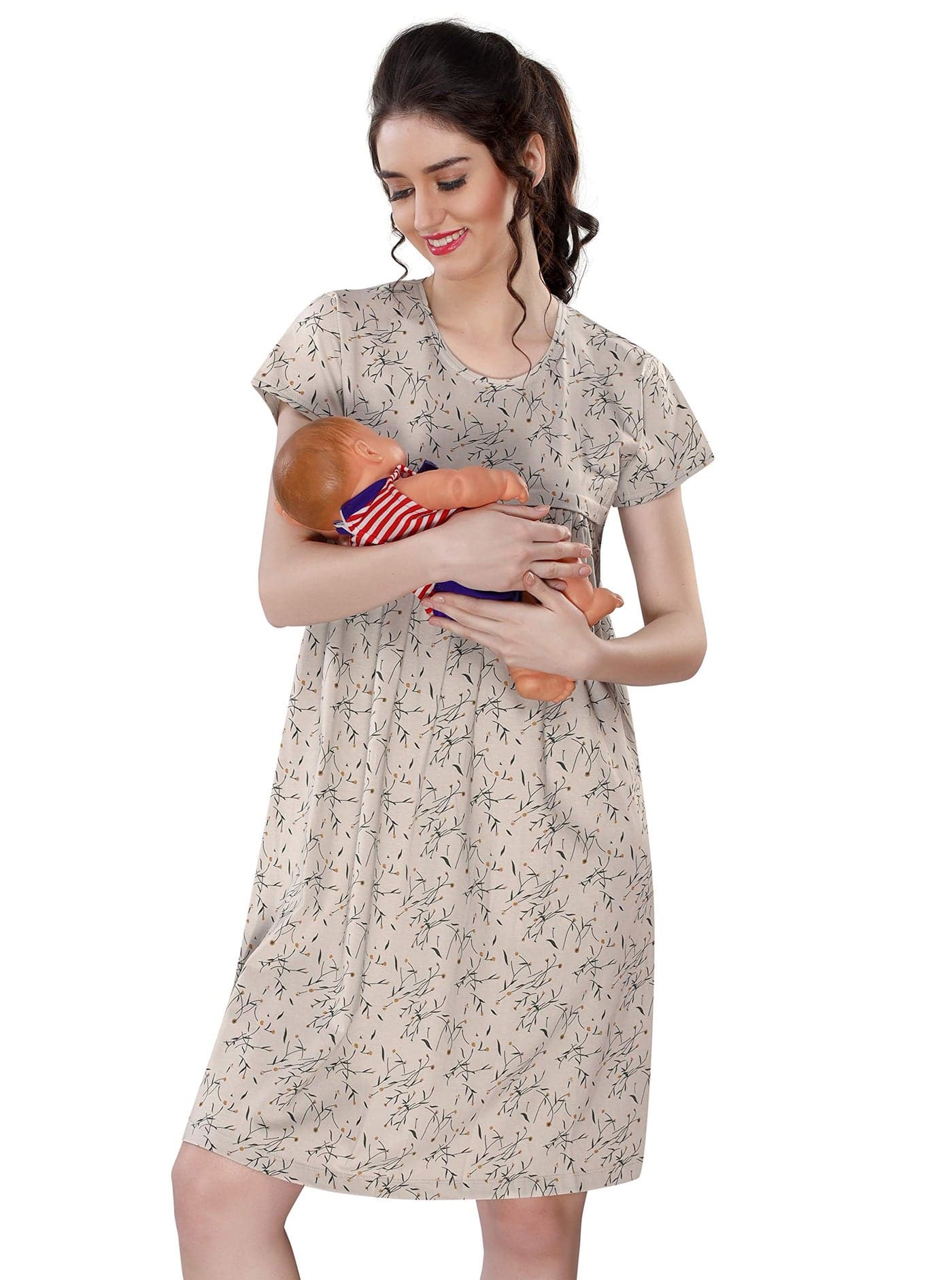 AV2 Women's Cotton Floral Printed Knee Length Maternity Feeding Nighty ( Cream , XL)