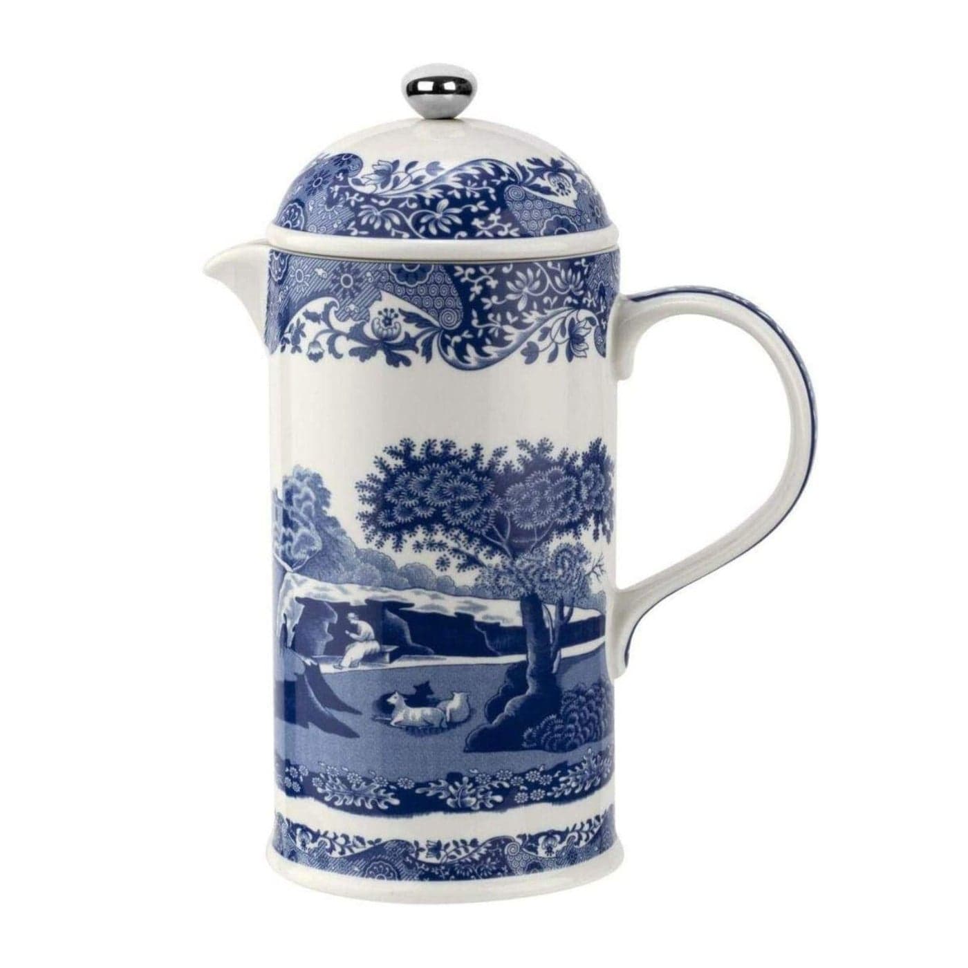Spode Blue Italian Porcelain French Press with Stainless Steel Plunger 28 oz Cafetiere for Manual Coffee Brewing Coffee Cart Accessories Countertop Cafetiere Station Display Dishwasher Safe