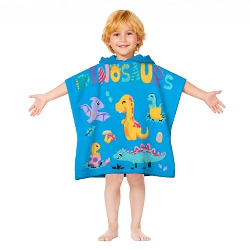 growell Hooded Kids Beach Towels - Toddler Bath Towel Girls Boys Swim Cover-ups for Ages 1 to 6 Kids Pool Towels Quick Dry Lightweight Soft Microfiber Poncho Towel 24x23 (Dinosaur Sky Blue)