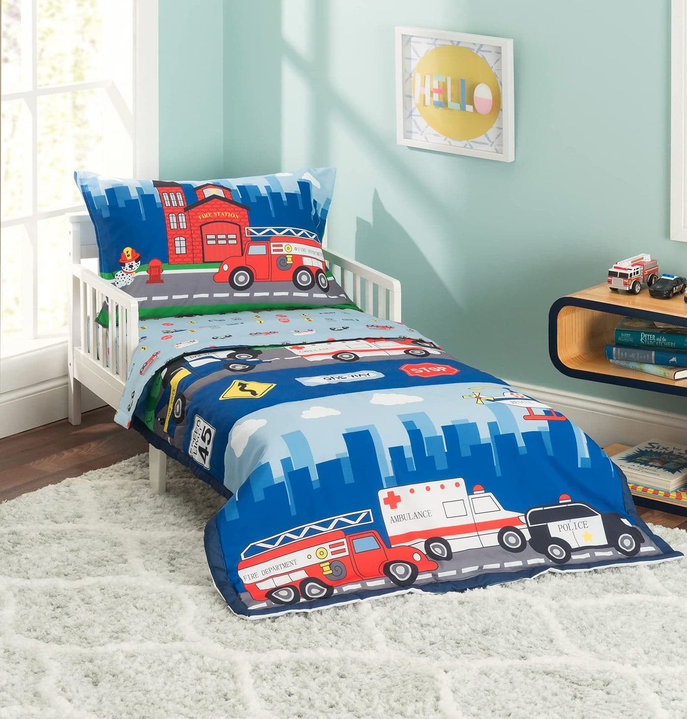 EVERYDAY KIDS 4 Piece Toddler Bedding Set Fire and Police Rescue Includes Comforter Flat Sheet Fitted Sheet and Reversible Pillowcase