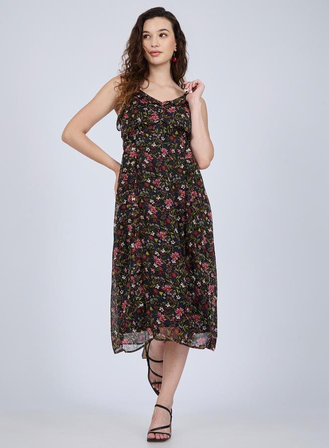 Black Floral Ruffle Midi Dress