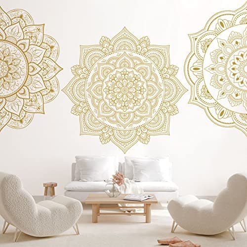 Chinco 4 Pcs Half Mandala Wall Decal Boho Mandala Sticker Lotus Flower Wall Vinyl Wall Decals Flower Stickers Headboard Decoration Indian Namaste for Bedroom Living Room Yoga(Gold)