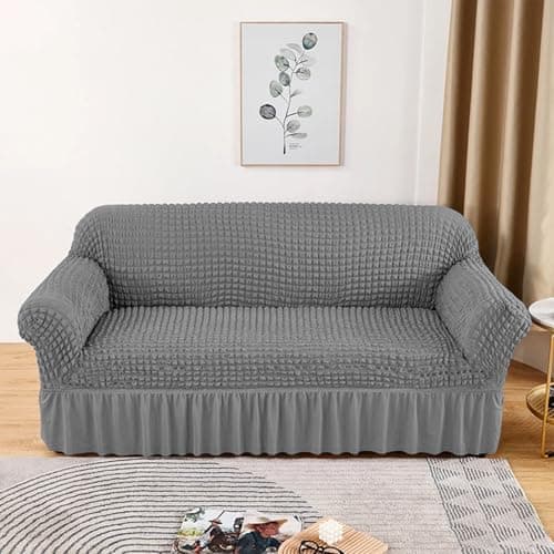 Lukzer 320 GSM Ash Grey 4 Seater Turkish Sofa Cover Universal Couch Protector Bubble Fabric with Frill Universal Big Elasticity Furniture Slipcover (280-350cm/SC-099-04)