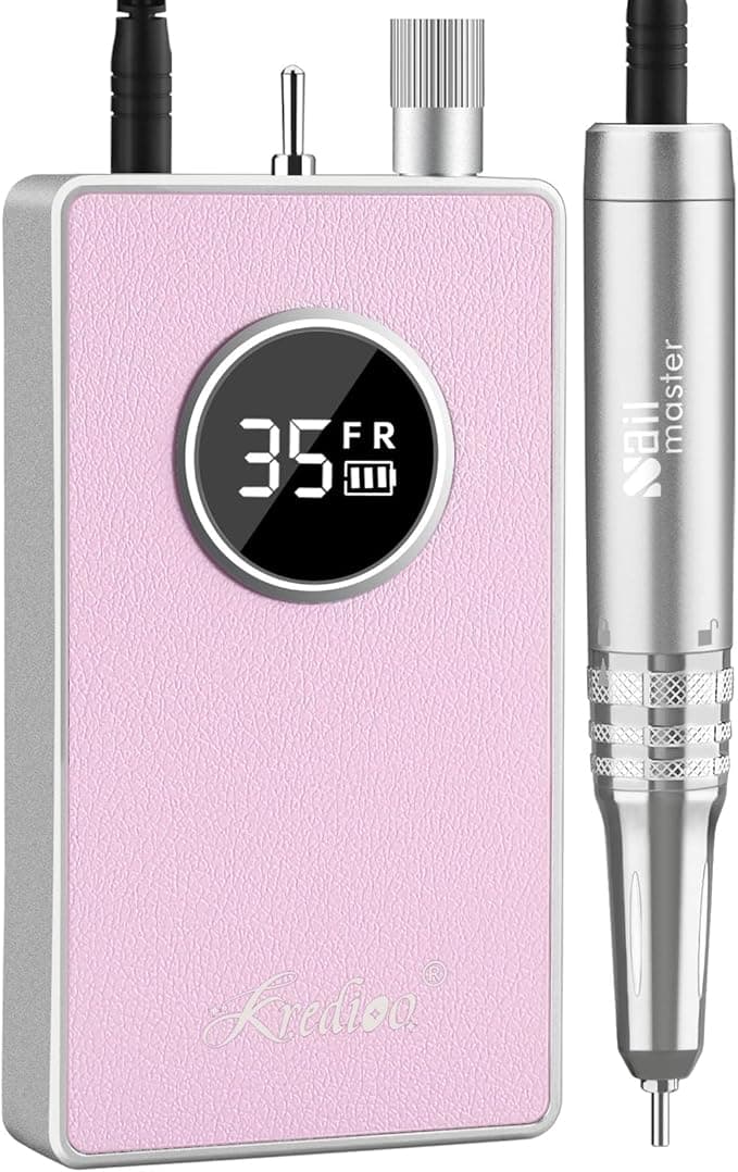 Kredioo Coreless Nail Drill 35000RPM Professional Electric Nail Files for Acrylic Gel Nails Rechargeable Nail Drill Machine Manicure E File Kit with 7 Bits Salon Home 48W White