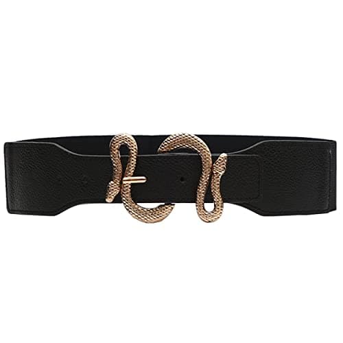 REDHORNS Snake Buckle Design Elastic Fabric Waist Belt for Women Dresses Wide Ladies Belt for Saree Girls Jeans - (LD125A-GLD_Black/Gold Buckle)