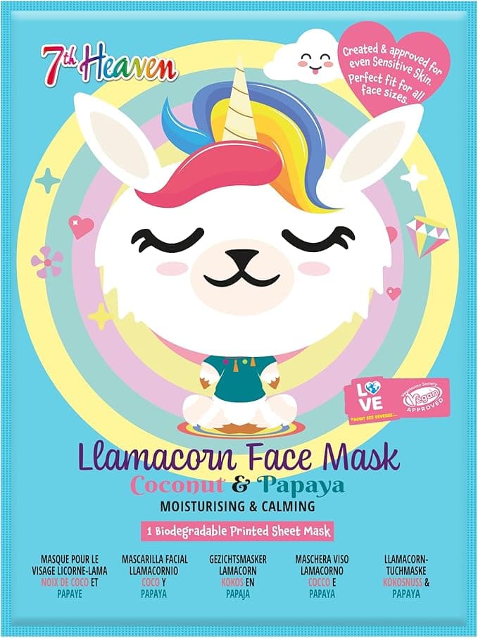 7th Heaven Llamacorn Sheet Face Mask Skincare for Kids Aged 8 Fanciful Llama and Unicorn Mix Face Mask Sheet with Coconut Papaya Sheet Mask to Calm Hydrate Moisturise Skin