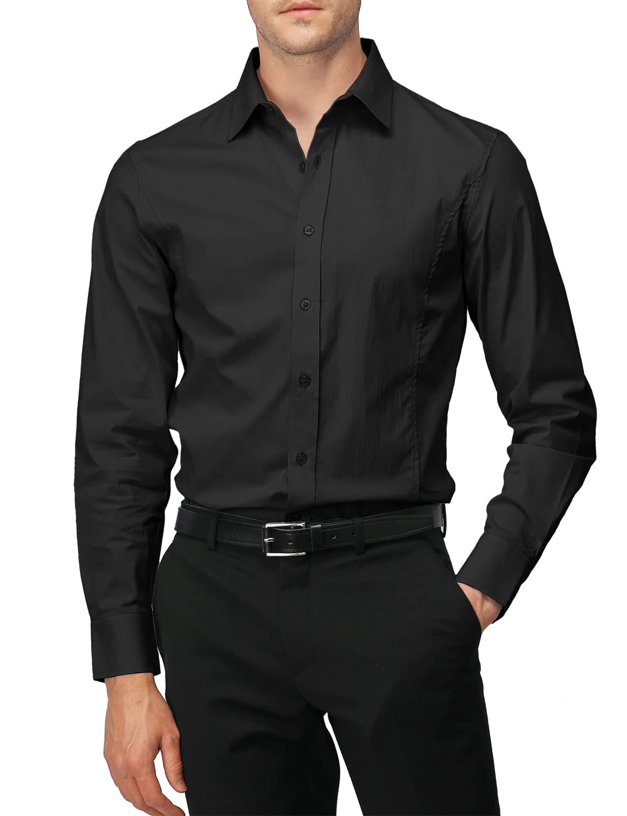 H2H Mens Wrinkle Free Slim Fit Dress Shirts with Solid Long Sleeve BLACK US L (Asia XXL) (JASK14)