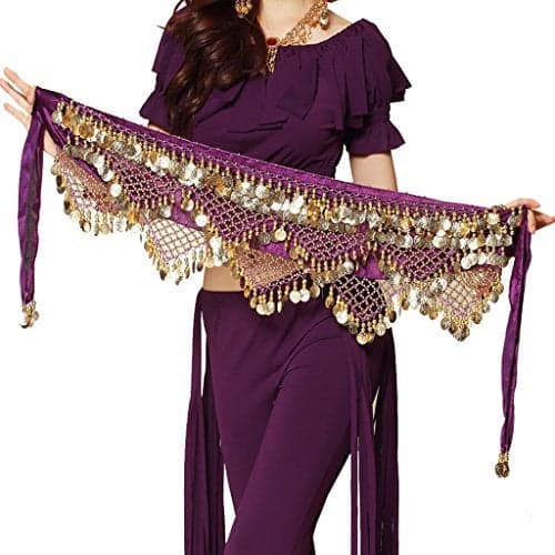 Wuchieal Women's Sweet Bellydance Hip Scarf with Gold Coins Skirts Wrap Noisy Purple
