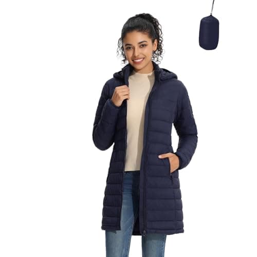 ZMC Packable Women Puffer Coat, Lightweight Water-Resistant Puffer Jacket Detachable Hood Slim-Fit Winter Coat for Women(navyblue,S)