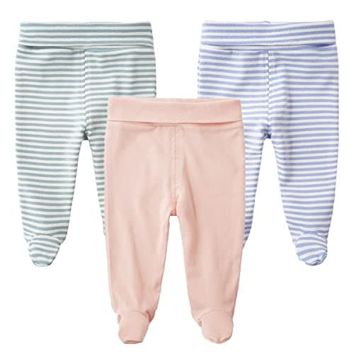 Teach Leanbh Infant Baby 3 Pack Footed Pants Cotton High Waist Casual Leggings (6 Months, A)