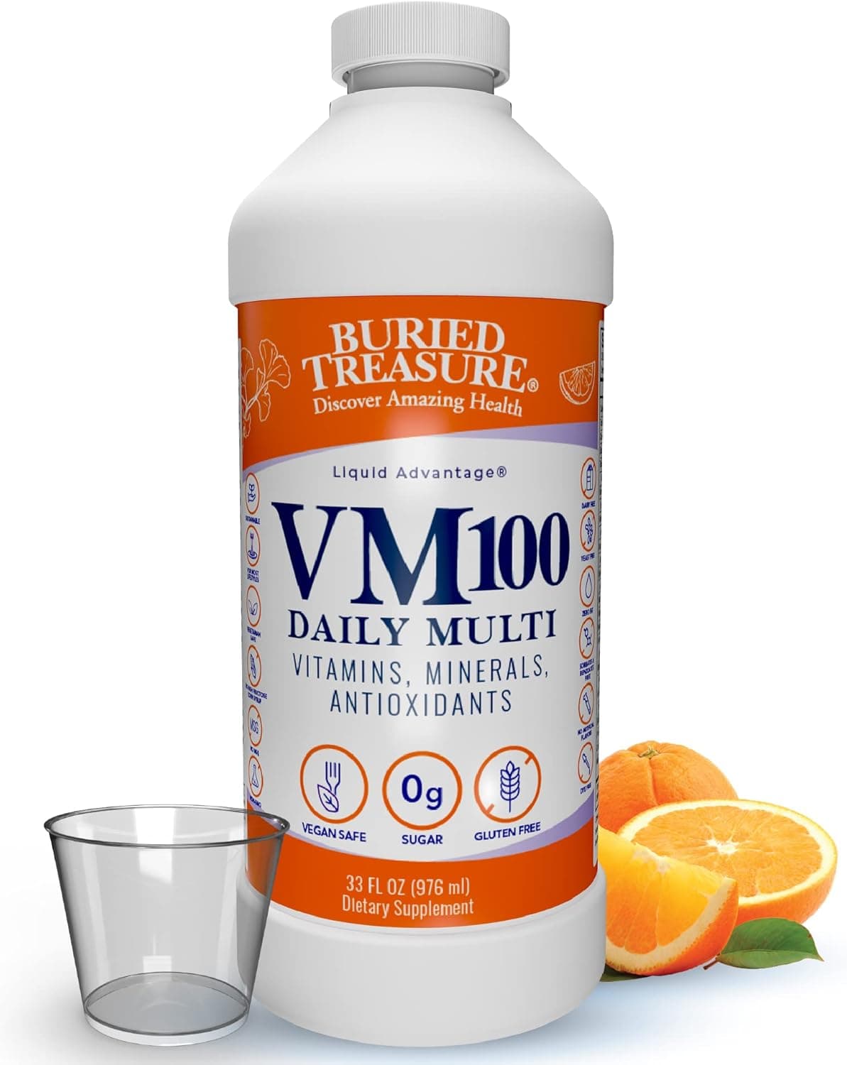 Buried Treasure VM100 Daily Multi 32 Servings Liquid Vitamins Minerals Supplement with Dose Cup