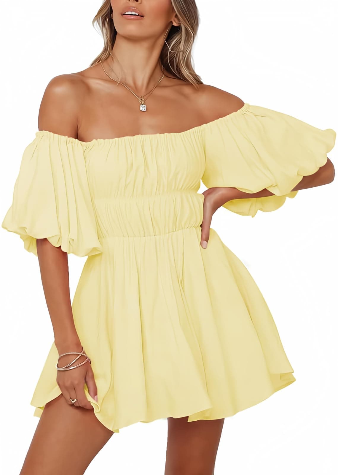 Dokotoo Off Shoulder Sexy Dresses for Women Fashion 2025 Short Lantern Sleeve Ruffle A-Line Yellow Dresses Casual Elastic Waist Mini Dress Medium