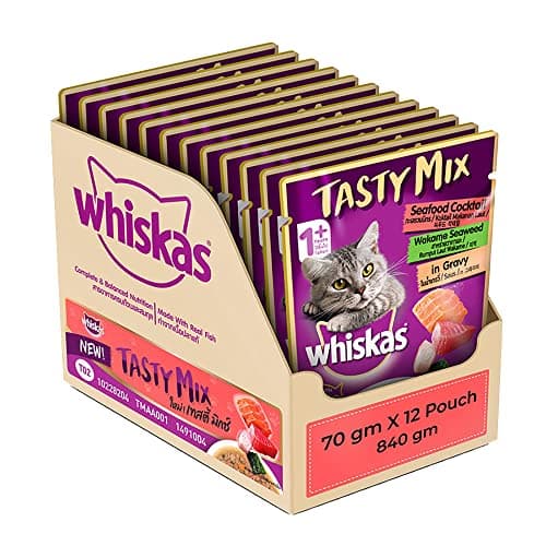 Whiskas Adult (1+ year) Tasty Mix Wet Cat Food Made With Real Fish, Seafood Cocktail Wakame Seaweed in Gravy - Pack of 12 (70g x 12)