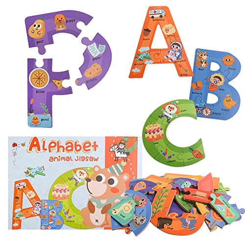 Wooden Jumbo Alphabet ABC Letter Toddler Puzzles Color Shape Animals Recognition Montessori STEM Jigsaw Preschool Learning Educational Toy for Kids 3 4 5 Years Old Boys Girls