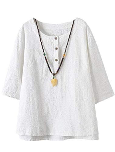 FTCayanz Women's Linen Tops Shirts Summer Casual Jacquard Tunic Blouse Large White
