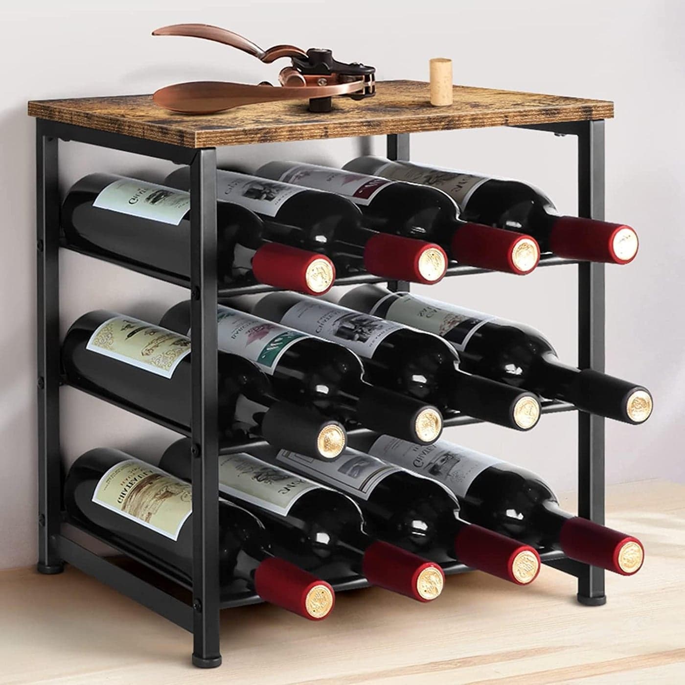 Indian Decor 44528 Wine Rack Countertop Wine Bottle Holder Freestanding Wine Cabinet for 12 Bottles 3 Tier Tabletop Wine Holder Stand for Kitchen Pantry Home Cabinet Bar Counter