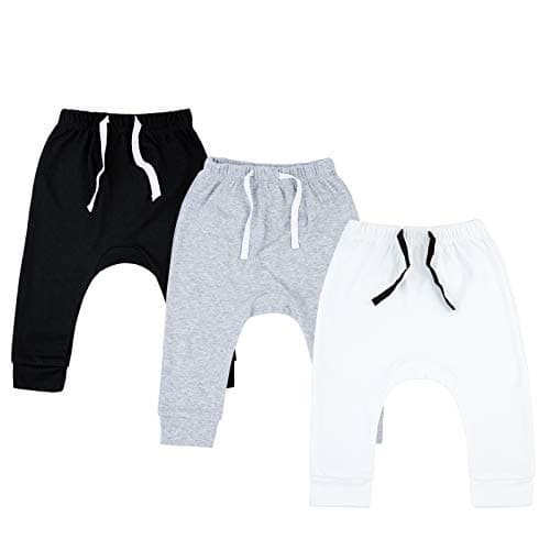 SOBOWO Baby Boy Pants 12-18 Months Newborn 3-Pack Joggers Infant Cotton Harem Pants for Toddler Boys Girls Interlock 195 GSM (12-18 Months, Black/White/Grey)