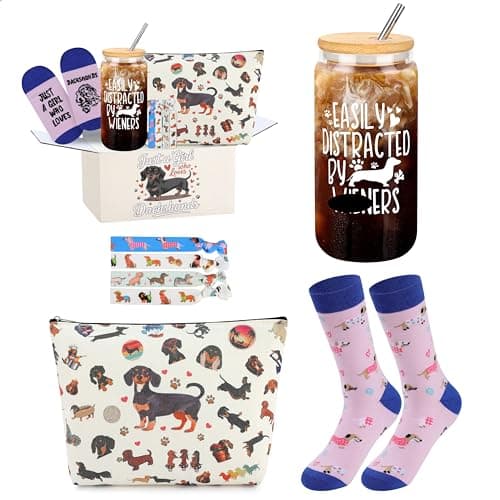 Dachshund Gifts for Women Dachshund Dog Lover Unique Gift Basket with Glass Cup Makeup Bag Headbands Novelty Socks for Dog Mom Funny Bag Birthday Gifts for New Puppy Owners