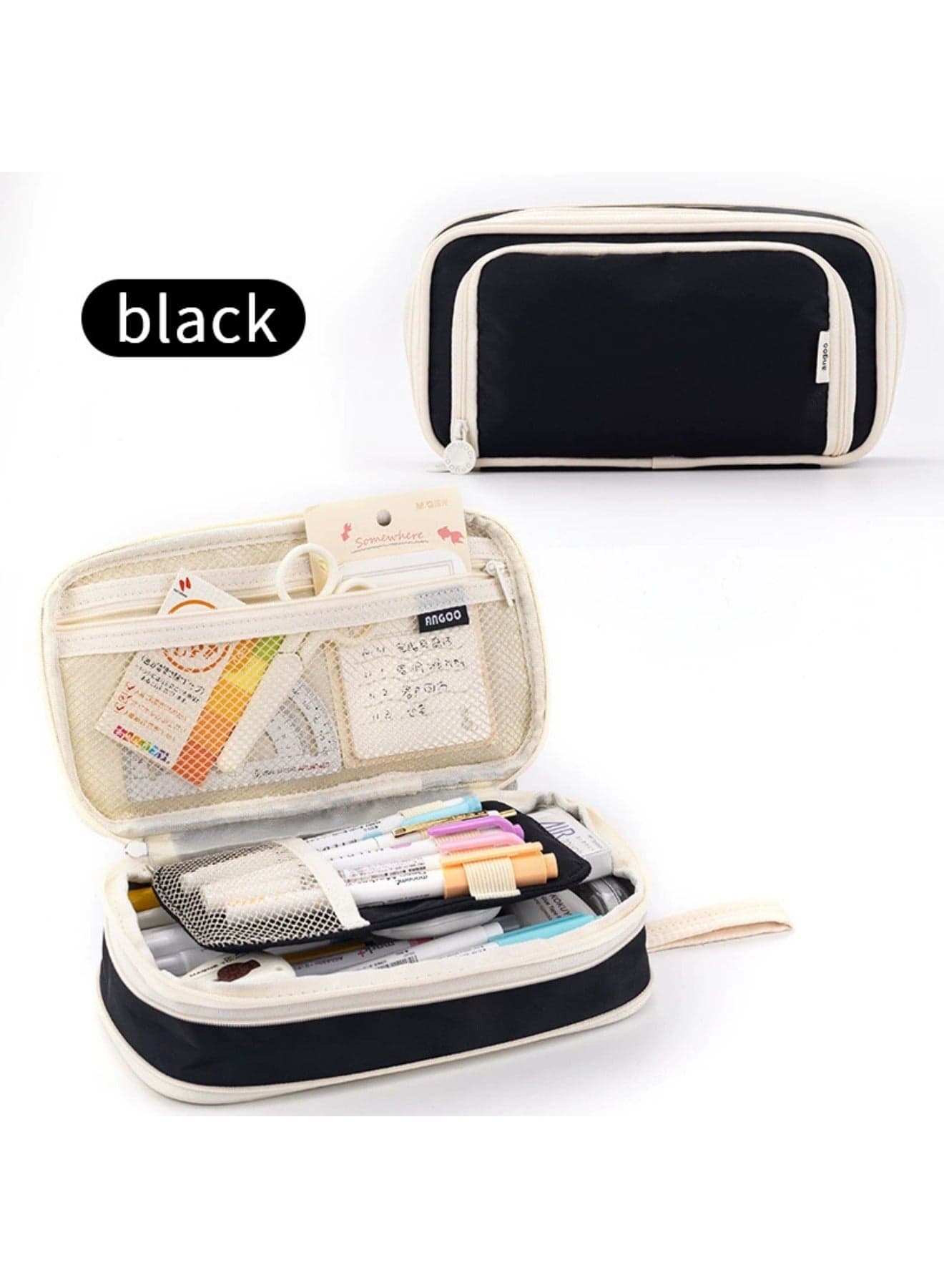 Expandable Pencil Case with Compartments, Large Capacity School Stationery Organizer, Multi-Layer Makeup Cosmetic Bag for Students Office Travel (Black)