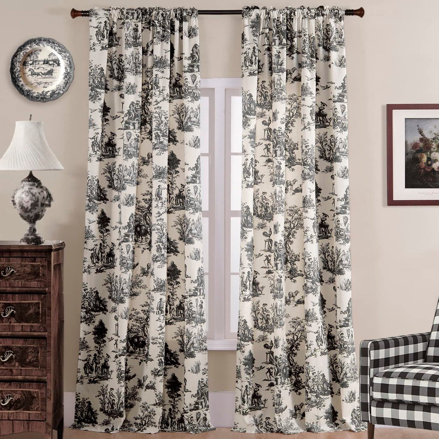Classic Modern Curtains 108 Inches Long for Living Room 2 Panels Elegant Farmhouse Toile Floral Design Patterned Print on Cream Linen Cotton Drapes for Dining RoomBlack and White52x108 Inch Length
