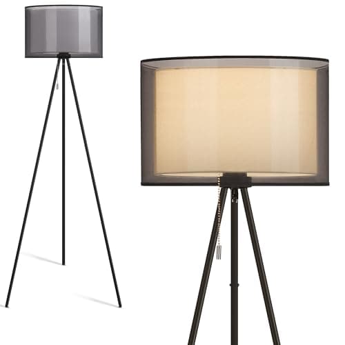 KDG Modern Floor Lamp - Tall Tripod Lamp for Living Room, Bedroom, Office; Fabric Shade, LED Bulb, Warm Light (Black)