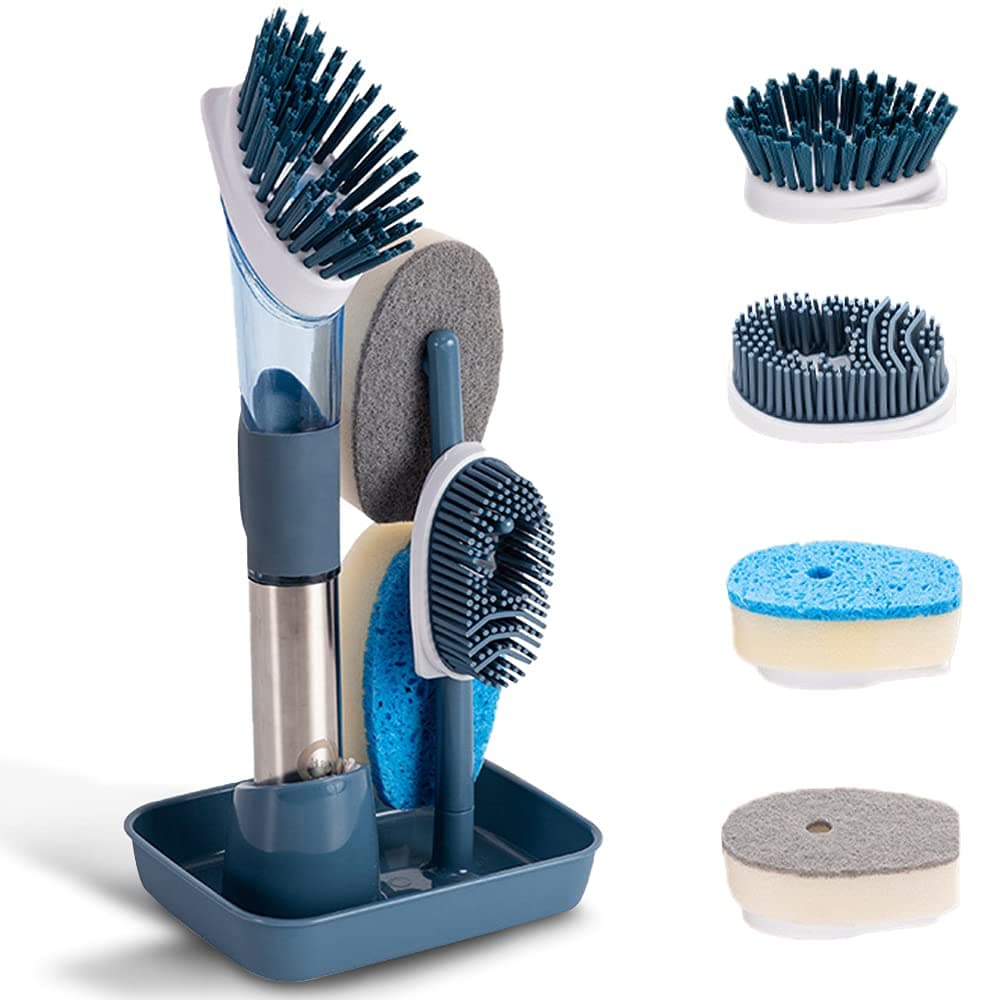 Dish Cleaning Brush Soap Dispensing Dish Brush Set with 4 Replacement Heads and Storage Holder Kitchen Scrub Brush for Dish Pot Pan Sink Cleaning Blue