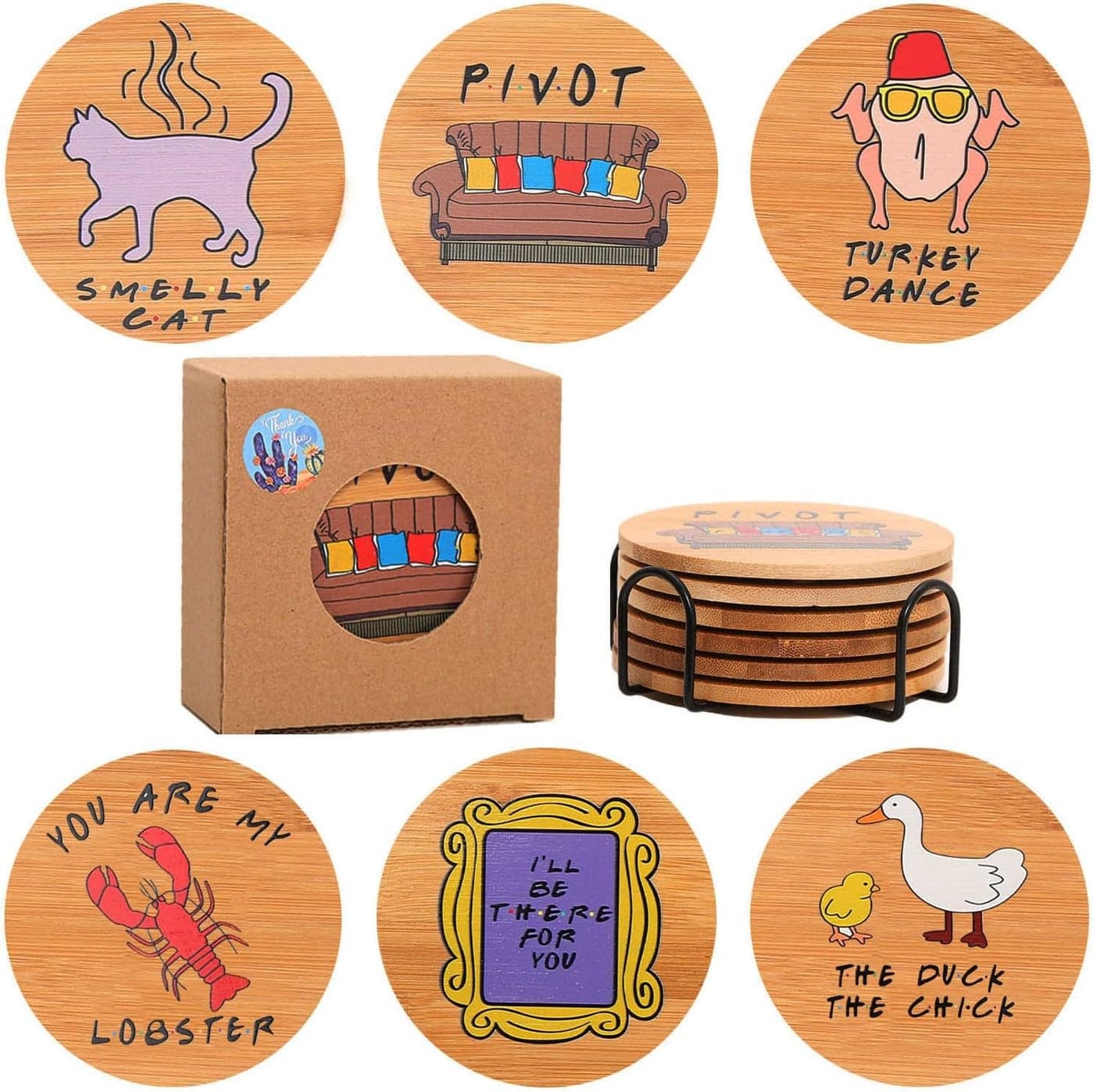 Friends TV Show Merchandise Wooden Coasters for DrinksWood Coaster Set of 6 with HolderBambo Coasters for Coffee TableFriends TV Show GiftsHousewarming Gifts