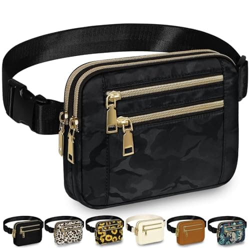 Capolo Fanny Packs for Women Fashion Waist Packs Bag with Adjustable Strap and 4 Zipper Pockets Waterproof Everywhere Crossbody Belt Bag for Workout Running Travelling(Black Camo, Large)