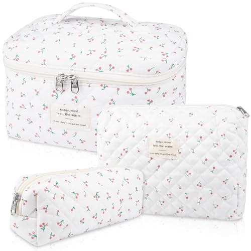 Gosect Large Makeup Bag Set Quilted Makeup Bag Floral Cosmetic Bag for Women Cute Cotton Makeup Bags Flower Travel Toiletry Organizer Bag white