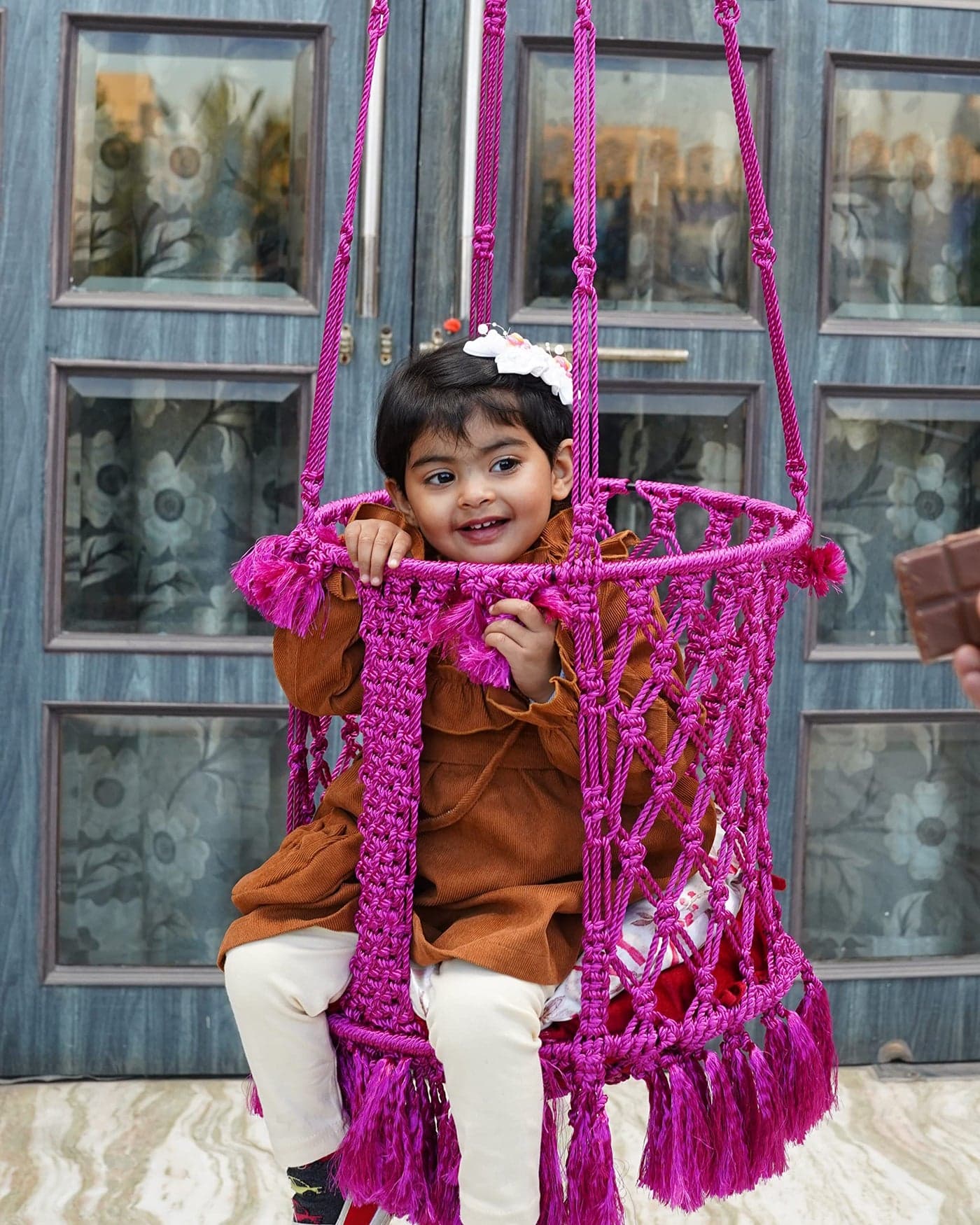 Patiofy Baby Swing || Jhula for Kids || Swing for Kids for Home || Swing for Baby Kids || Suitable for 1 to 5 Years Babies & Kids || Premium Polyester Rope Swing || Round Shape (Pink)