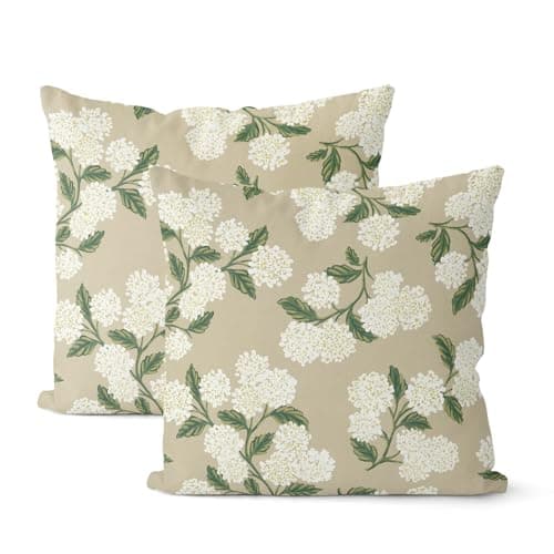 DAFENA Beige Spring Pillow Covers 16x16 Inch 2 Pcs Khaki Green Hydrangea Flower Decor Throw Pillows Vintage Floral Seasonal Summer Outdoor Decoration Pillowcase Linen Cushion Cover for Couch Sofa