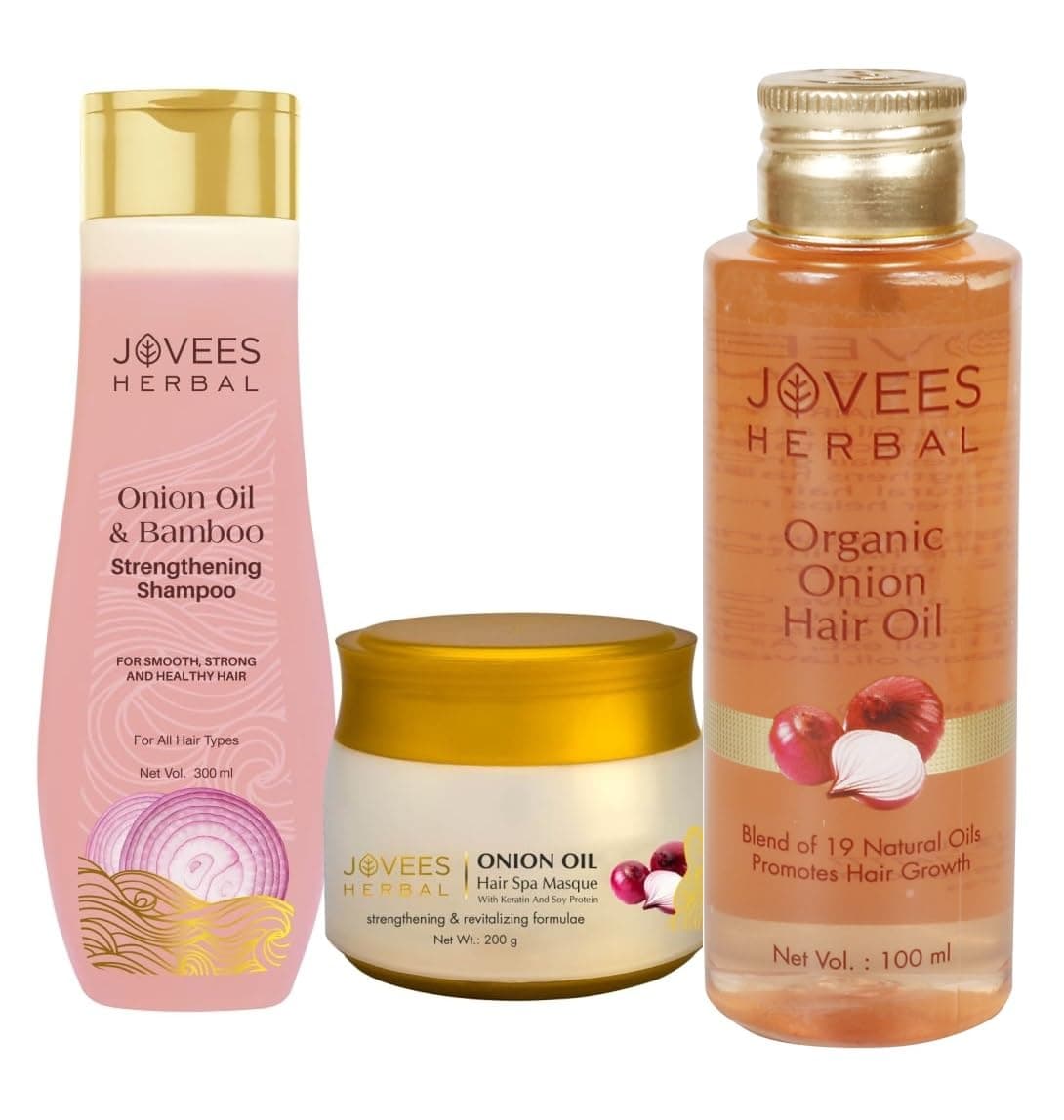 Jovees Herbal Red Onion Oil Bamboo Strengthening Shampoo Organic Onion Hair Oil With Blend of 19 Natural Oils Organic Onion Hair Spa Masque Set Of 3