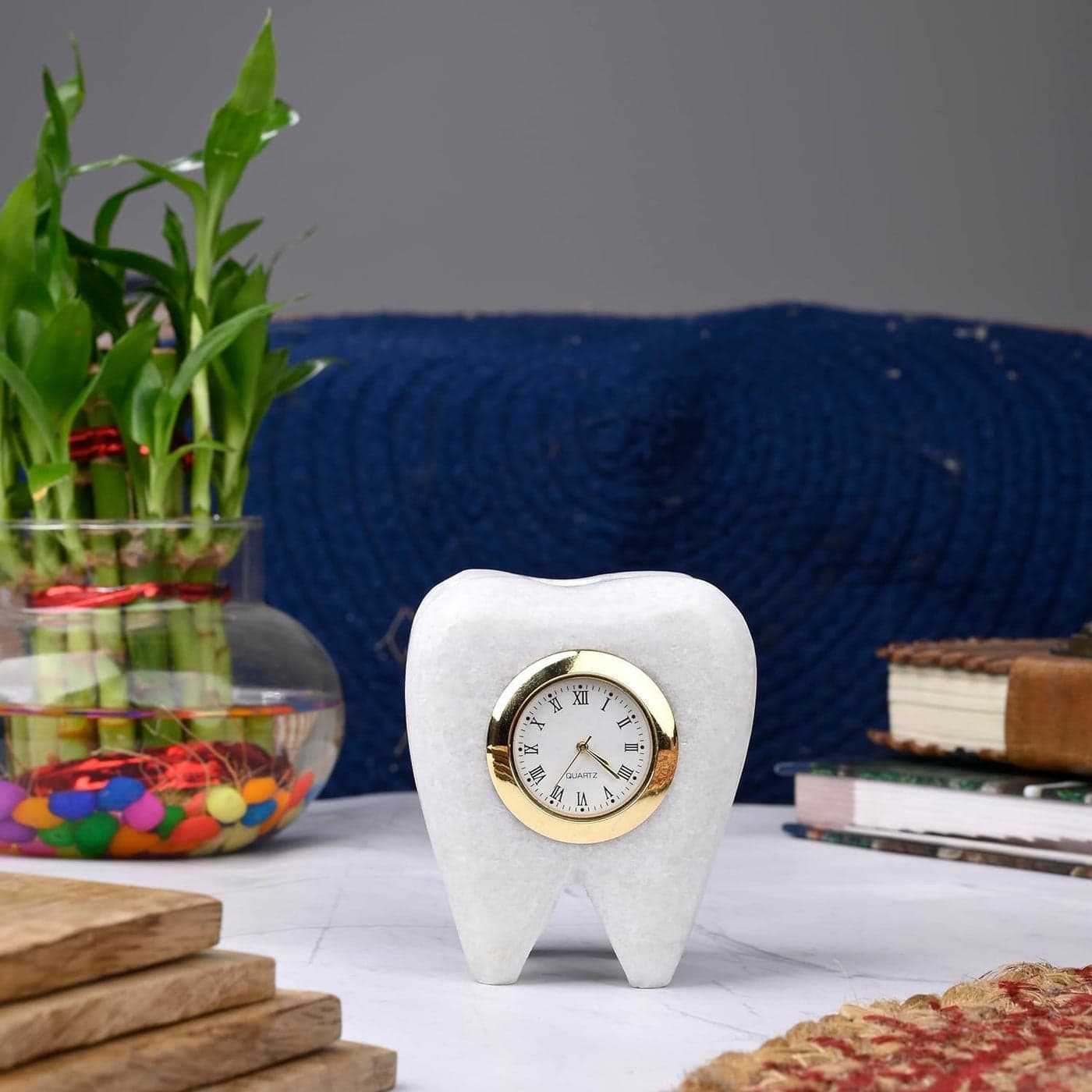 IMAGICART Tooth Shape Marble Table Clock Dentist Clock Unique Design Decorative Showpiece for Dentists Stylish and Functional Home Decor Ideal for Clinics and Offices