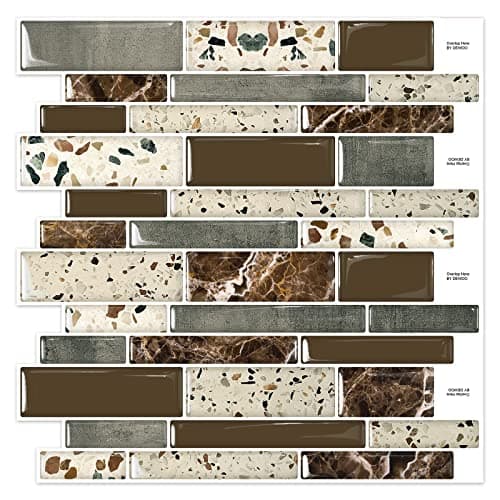 DEWOO Peel and Stick on Self Adhesive Backsplash Wall Marble Tiles Stickers 3D for Kitchen Bathroom,Brown (10-Sheet, 12"×12")