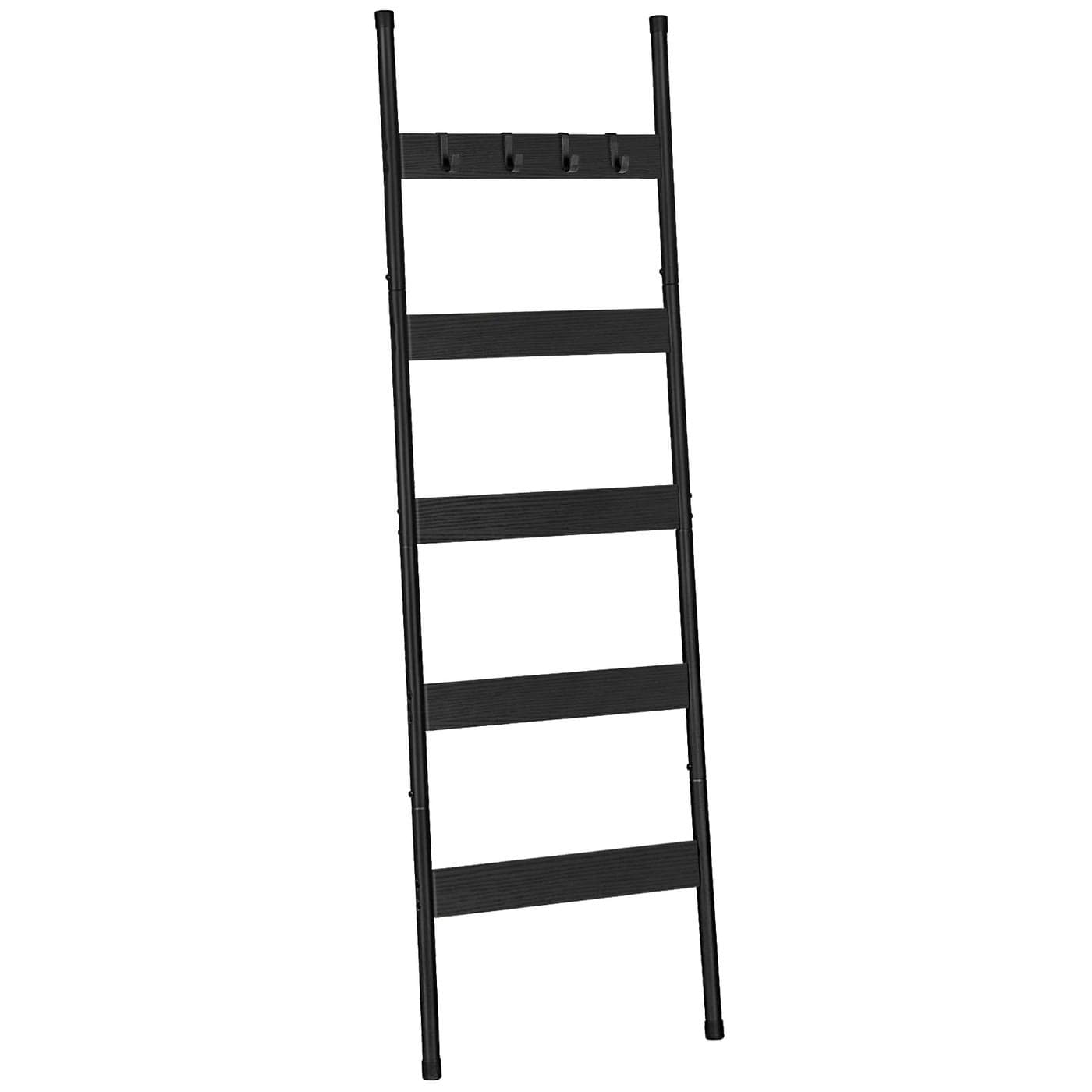 HOOBRO Blanket Ladder 5Tier Towel Rack with Hooks WallLeaning Blanket Rack Decorative Display Ladder Shelf Scarves Industrial Living Room Bedroom Black BB52CJ01