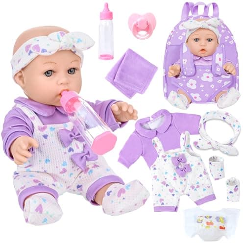 UZIDBTO 12 Baby Doll with Flower Pattern Backpack Carrier12 Inch Realistic Baby Dolls with Clothes and Accessories Hanky Pacifier Bottle Diaper Toy Pretend Play Collection for 3 Child Girls Gifts
