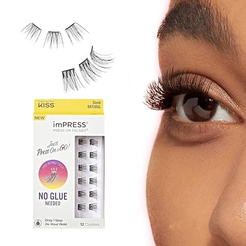 Kiss Impress Falsies Press On Self Adhesive Eyelashes 12mm14mm Natural Volume Press On Lashes Black No Glue Needed Invisible Band 12 Lash Clusters Sleek