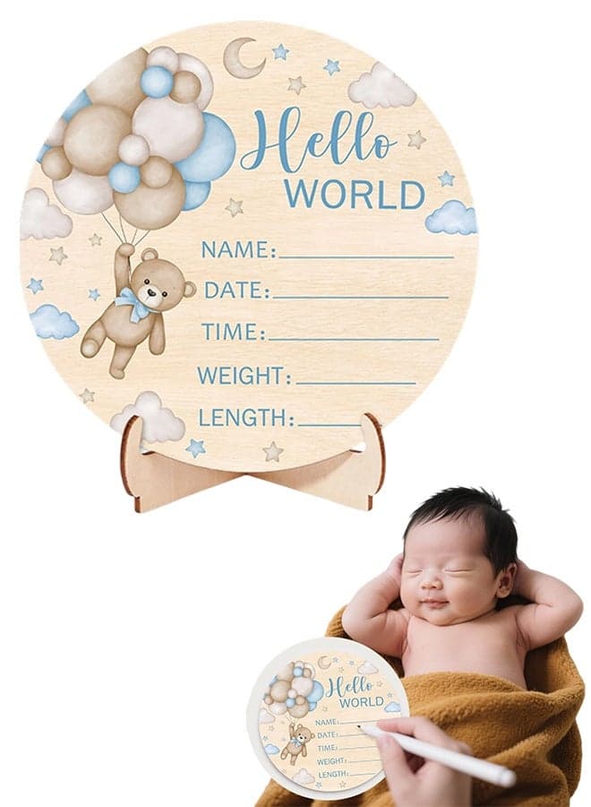1 Pc Double-Sided Wooden Blue Bear Newborn Birth Sign & Baby Announcement Sign, Hello World Name Sign for Hospital, New Mom Gift, Baby Shower & Photography Prop